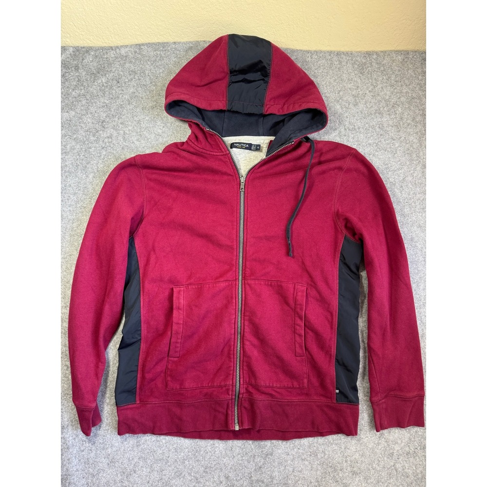 Nautica Mens Mixed Media Full Zip Hoodie XL Burgundy Black Colorblock Fleece